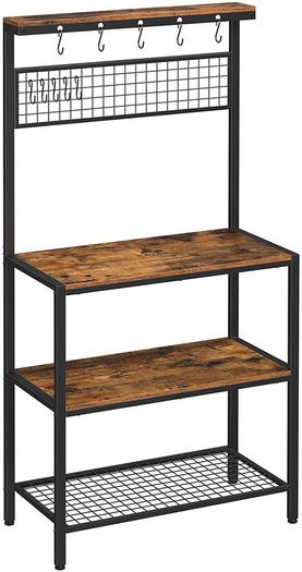 _Kitchen shelf in industrial design, standing shelf for the kitchen, shelf levels in wood look, 10 hooks, metal grid shelf, for microwave, dishes, 84 x 40 x 170 cm, vintage, dark brown