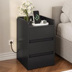 Bedside Table with 3 Drawers and Power Station, Modern Nightstand End Table, Water-Resistant Storage Side Table for Living Room and Bedroom, 35 x 40 x 59cm (Black)