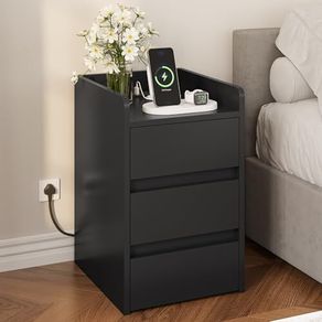 Bedside Table with 3 Drawers and Power Station, Modern Nightstand End Table, Water-Resistant Storage Side Table for Living Room and Bedroom, 35 x 40 x 59cm (Black)