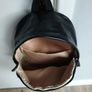 Black Faux Leather Waterproof Backpack, Zip Pocket, Tan Lining Image 2