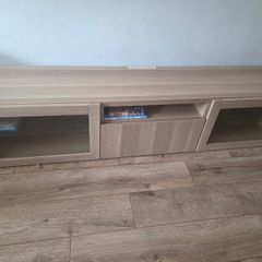 TV Unit 180cm White Stained Oak Effect with Glass Doors & Drawer