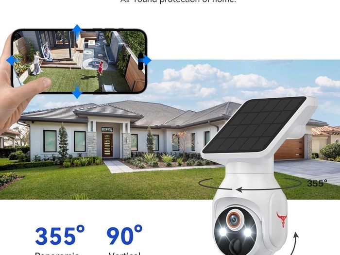 Solar-Powered Outdoor Security Camera, 1080p WiFi, 2-Way Audio, Night Vision, App Control, Weather Resistant, IP65, Cloud Storage, Human Detection, 2.4GHz Only, Pan Tilt Control