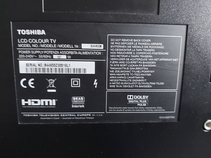 Toshiba 32 inch LCD Colour TV, Model No. 32AV933B, No Remote Contro