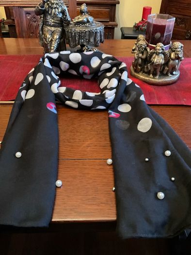 Samoon. FURTHER REDUCED.   Scarf In Black With White Polka Dots And A Littlle  Blue and Pink Also , With Decorative Pearls At The End