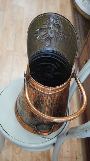 Vintage Hammered Copper & Brass Coal Scuttle with Scoop