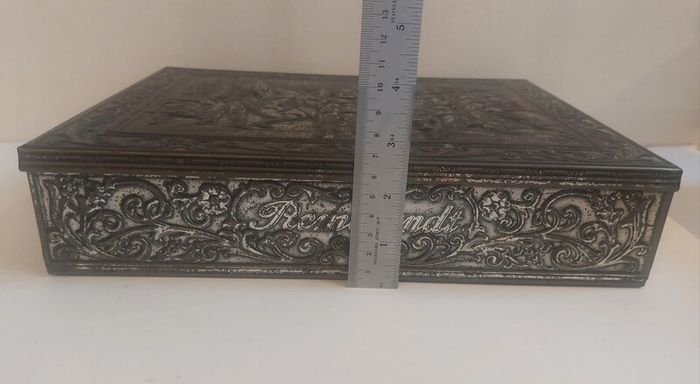 Fabulous Rembrandt's The Night Watch Vintage Hinged Biscuit Tin with a Raised Relief Reproduction of the Famous Painting, Attributed to the Victoria Biscuit Company of Holland