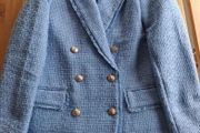 Dunnes Stores Powder Sky Blue Boucle Double-Breasted Mid-Thigh Length Blazer with Buttons