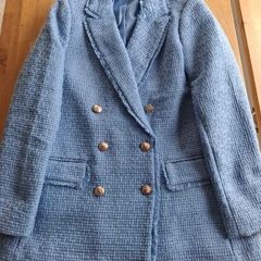 Dunnes Stores Powder Sky Blue Boucle Double-Breasted Mid-Thigh Length Blazer with Buttons