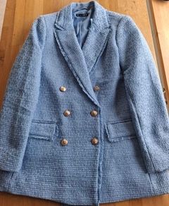 Dunnes Stores Powder Sky Blue Boucle Double-Breasted Mid-Thigh Length Blazer with Buttons