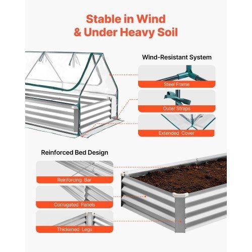 Raised Garden Bed with Cover, 1800 x 900 x 300 mm, Rectangular Galvanized Metal Planter Box Outdoor, with PE Greenhouse Cover & Gloves, Rustproof Alu-Zinc, for Growing Flowers Vegetables, Silver