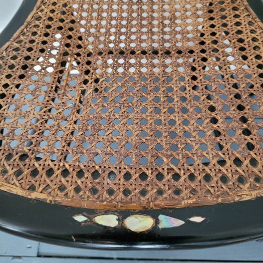 Antique pair of ebonised salon chairs with mother of pearl detail