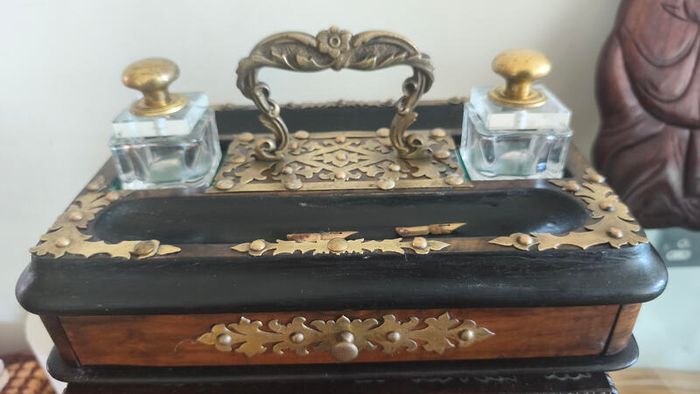 Antique Walnut,Ebony and Pierced Brass Double Inkwell Desk Set.