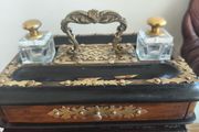 Antique Walnut,Ebony and Pierced Brass Double Inkwell Desk Set.
