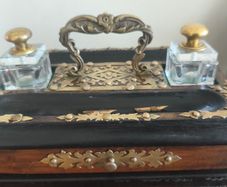 Antique Walnut,Ebony and Pierced Brass Double Inkwell Desk Set.