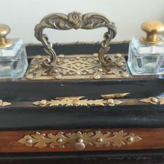 Antique Walnut,Ebony and Pierced Brass Double Inkwell Desk Set.