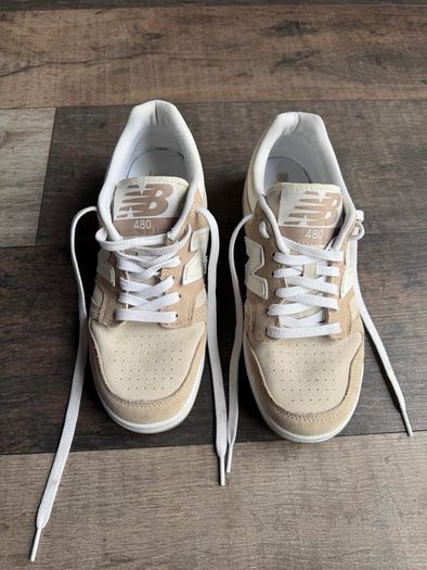 New Balance 480 Trainers UK 8 Beige Cream Suede Leather Retro Casual Sneakers
