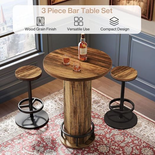 Industrial Round Bar Table with 2 Bar Stools