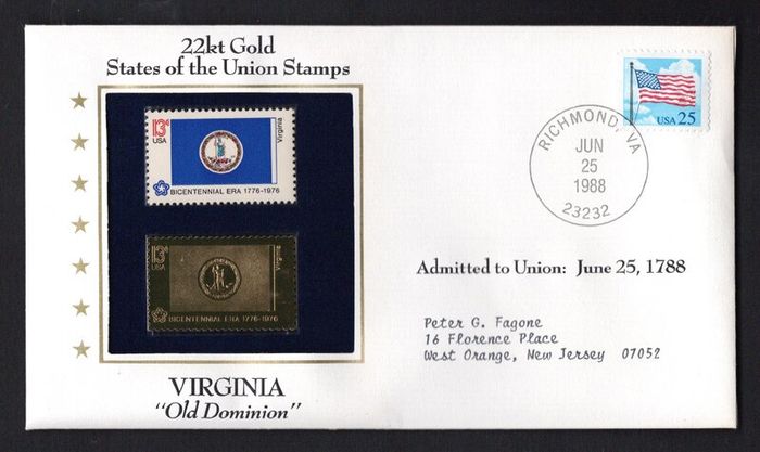1988 USA Virginia "Old Dominion" 22kt Gold Replica of the 1976 United States Flag Stamps showing 25c US flag definitive tied Richmond, Virginia (state capital) illustrated cover