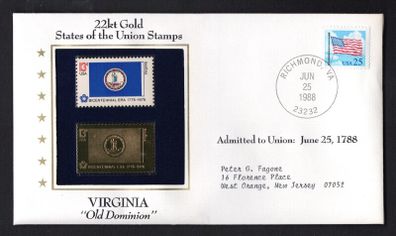 1988 USA Virginia "Old Dominion" 22kt Gold Replica of the 1976 United States Flag Stamps showing 25c US flag definitive tied Richmond, Virginia (state capital) illustrated cover