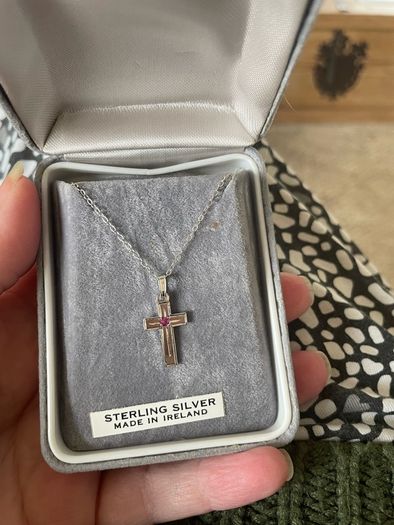 Silver Cross With Tiny tourmaline And Silver Chain