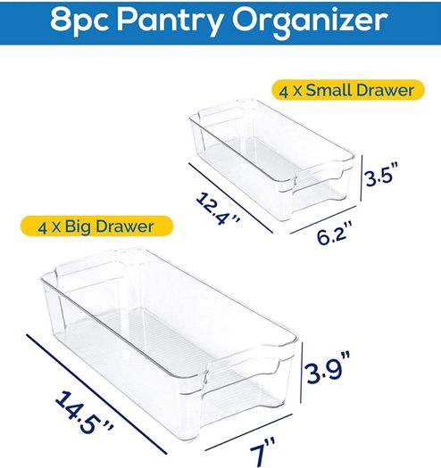 Premium Organiser Storage - Set of 8 Storage Bins (4 Large, 4 Small) Multipurpose Fridge, Pantry & Kitchen Storage, Organiser (MULTIPLE COLOURS)