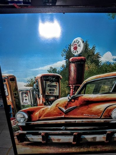 Large retro car picture in frame