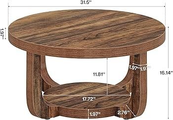 Round Coffee Table, 2-Tier Round Coffee Table with Storage Space, 80cm Modern Wooden Accent Table for Living Room, Thick Table Top and Base, Rustic Brown
