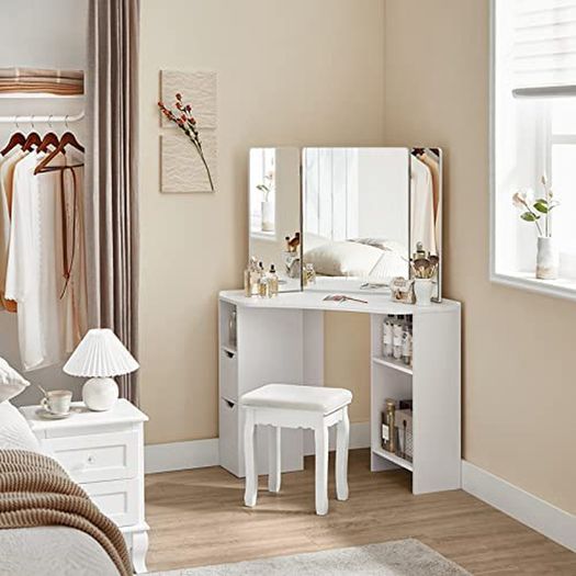 Dressing table, corner dressing table, dressing table, cosmetic table, 3-part folding mirror, 2 drawers, 3 open compartments, 110 x 54 x 140 cm, modern, white