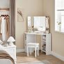 Dressing table, corner dressing table, dressing table, cosmetic table, 3-part folding mirror, 2 drawers, 3 open compartments, 110 x 54 x 140 cm, modern, white Image 2