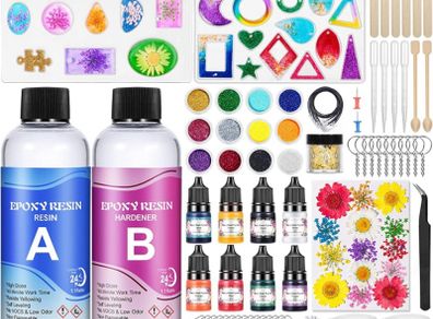 Epoxy Resin Kits for Beginners, 400ml Crystal Clear Resin, Resin Accessories with Resin Moulds, Dried Flowers, Resin Pigment, Glitter, Gold Leaf, Epoxy Resin Starter Kit for Jewelry Making (FREE POSTAGE)