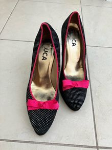 Luca ladies platform leather shoes- black/white with pink bow