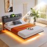 King Bed Frame with LED Lights & USB Charging Station,150x200 cm Metal Platform Kingsize Bed Frame with 5ft Upholstered Headboard Storage,Heavy Duty Metal Slats, Dark Grey Image 3