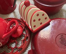 A bundle of Red Cooking Utensils- vintage enamel teapot, Pots, Pans . Cast Iron, Ceramic, Enamel etc