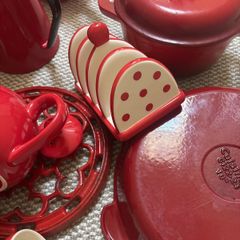 A bundle of Red Cooking Utensils- vintage enamel teapot, Pots, Pans . Cast Iron, Ceramic, Enamel etc