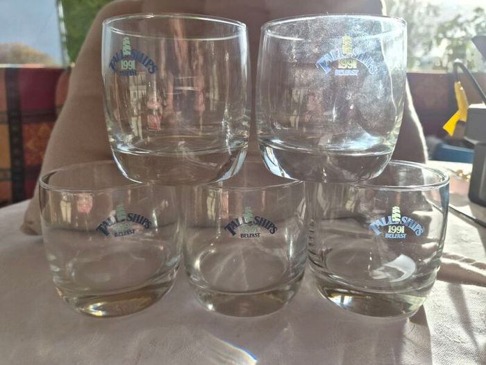 5 Vintage "Tall Ships 1991 Belfast" whiskey glasses.