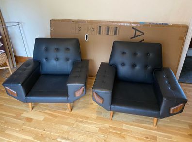 Pair of Black Leather Mid Century Armchairs