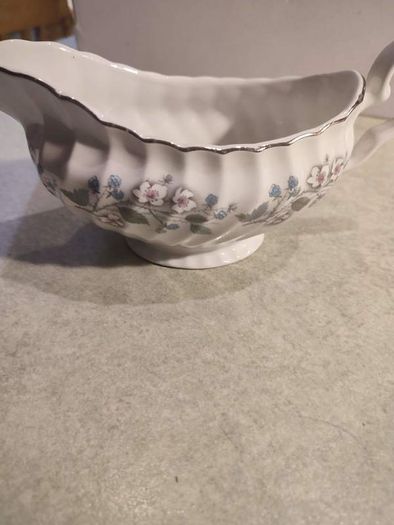 Vintage JB ironstone  Snow White gravy bowl Swirl Edge, Platinum Trim .
