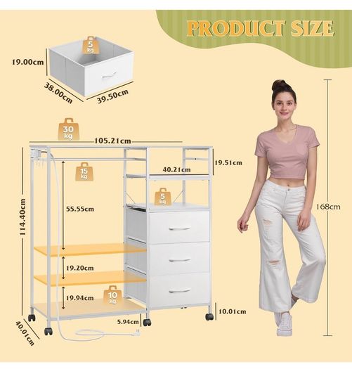 White Chest of Drawers with LED & Charger, Fabric Open Wardrobe 3 Large Drawers & Reversible Coat Hanging Rod &3 Open Shelves & Side Hooks, Lockable Wheels, Height-adjustable Base Shelf