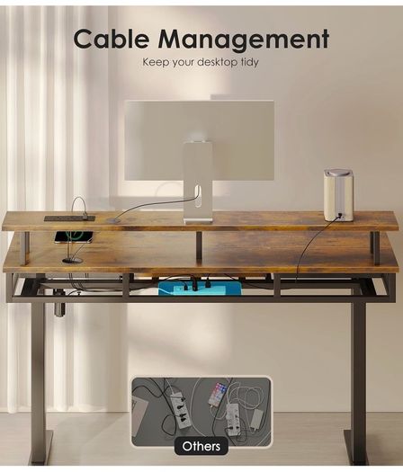 Standing Desk with Keyboard Tray & Storage Drawers, 120cm Height Adjustable Desk with Monitor Stand, LED Lights, Power Outlet and USB Ports for Home Office, Rustic Brown