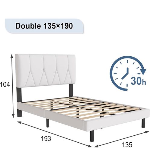 Double Bed Frame, White, Upholstered Wooden Slat Bed Frame with Headboard
