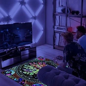 Blacklight Tree of Life Rug, UV Reactive Neon Fluorescent Area Rug, Non-slip Luminous Life Tree Moon & Sun Carpet, Glow in The Dark Boho Decor for Playroom Bedroom Living Room 180x120cm
