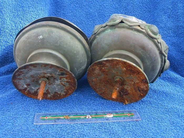 Two antique copper metal finials