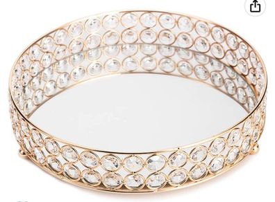 Like new Gold Mirrored Crystal Vanity Tray for Dressers- Round Decorative Serving Tray for Perfume, Jewelry and Makeup
