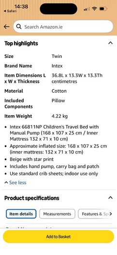 Kids inflatable travel bed