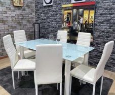 Modern Dining Set,table + 6 White Chairs