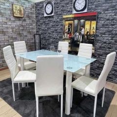 Modern Dining Set,table + 6 White Chairs