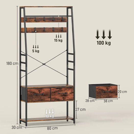 6-in-1 Industrial-Style Hallway Organiser - Brown/Black