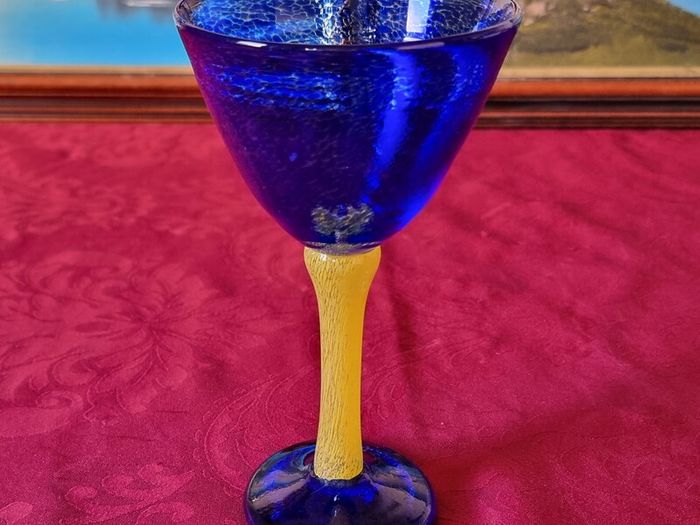 Murano Style Cobalt Blue And Yellow Glass Stemmed Goblet