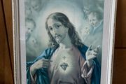 Vintage Framed Devotional Print of the Sacred Heart of Jesus