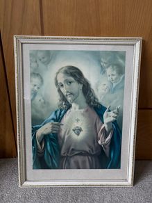 Vintage Framed Devotional Print of the Sacred Heart of Jesus